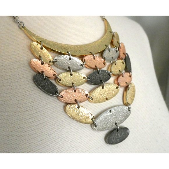 Modernist Necklace Mixed Metal Hammered Disk Bib Link Signed Erica Lyons - Picture 3 of 5